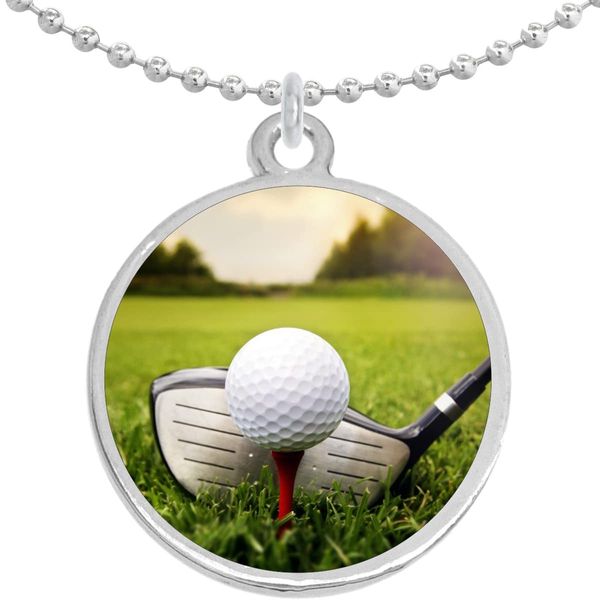 Golf Driver and Ball Round Pendant Necklace