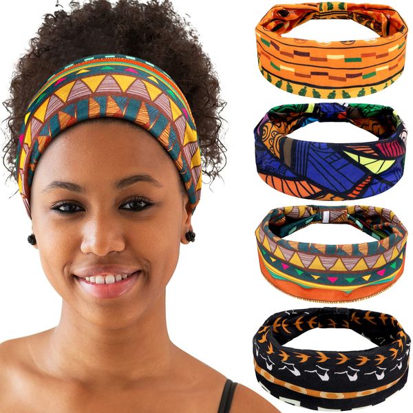 4 Pieces African Headbands Knotted Wide Yoga Stretchy Bandeau Headwrap Hair Accessories for Women and Girls (Vintage Series)