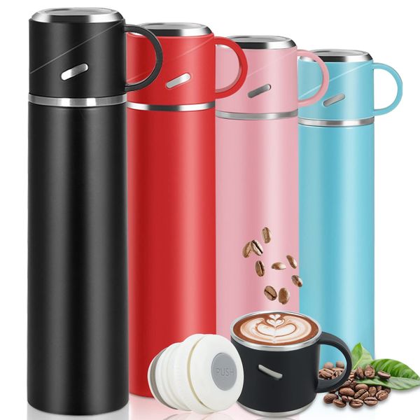 IAGORYUE Water Bottle, 550ml Vacuum Flask, Double-Layer Insulated Thermal Travel Mug with Leakproof Lid & Handle, Reusable Drinks Bottles Stay Hot & Cold Up to 12h for Work Sport Camping Cycling,Black