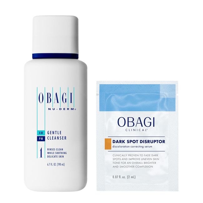 Obagi Nu-Derm Gentle Cleanser + Dark Spot Disruptor Trial Size – Gentle Face Cleanser that Removes Impurities, Oil, and Makeup, 6.7 oz & Serum that Brightens, Smooths & Soothes Skin, 2 ml