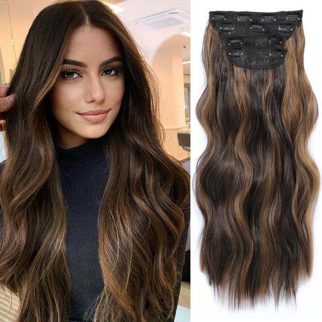 20inch Hair Extensions Clip in 4Pcs Curly Full Head Synthetic Hair Extension Wavy Hair Pieces for Women (20Inch, Dark Brown with Auburn Brown highlights)