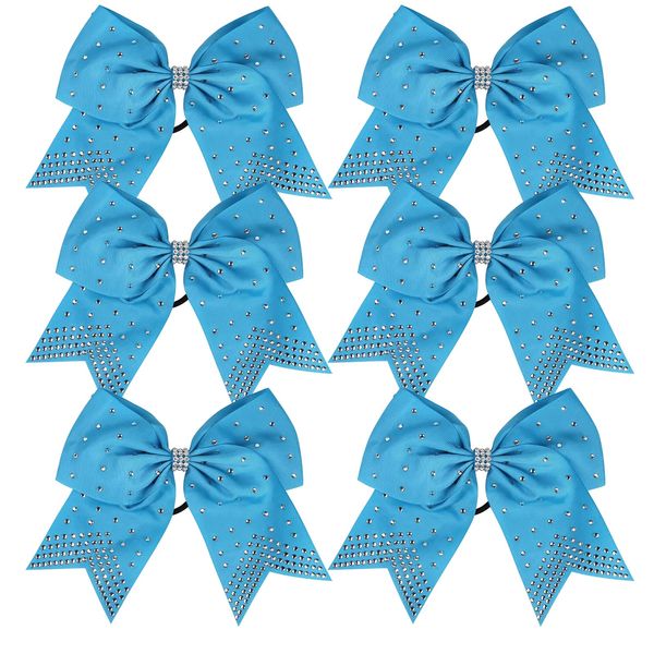 8 Inch Cheerleader Bows Ponytail Holder with Bling Fling Rhinestones Hair Tie Cheerleading Bows 6 Pcs (Light Blue)