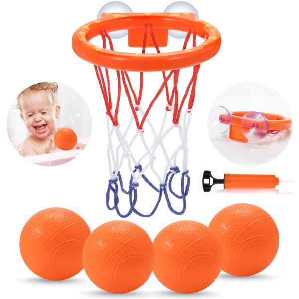 Bath Toys,Mold Free Bath Basketball Hoop for Kids Ages 1-3,Bathtub Basketball Hoop for Babies and Toddlers,Strong Suction Cup Basketball Hoop & 4 Soft Balls Set for Boys Girls,Tub Toys for Kids 4-8