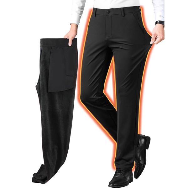 Rakityo Men's Slacks, Stretch Pants, Fleece-Lined, Long Pants, Chino Pants, Golf Pants, Boa Back, Thick, Solid, Gentleman's Work, Large Sizes, Stylish, Spring, Autumn, Winter, Brushed back black