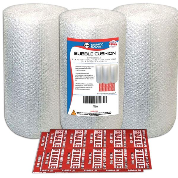 3 Pack  Bubble Cushioning Wrap Rolls, Air Bubble, 12 Inch x 72 Feet Total