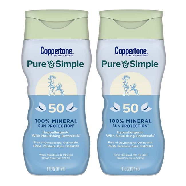 Coppertone Pure and Simple Sunscreen Lotion, SPF 50 Broad Spectrum Sunscreen with Zinc Oxide, 6 Oz, Pack of 2
