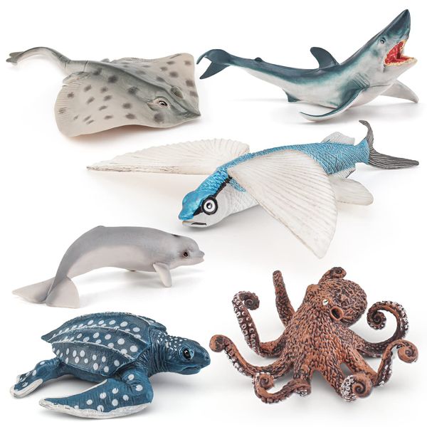 Ocean Sea Marine Animal Figure Toys Playsets 6 PCS White Whale Octopus Flying Fish Leatherback Turtle Shark Model Toy Desktop Decoration Collection Party Favors Toys for Boys Girls Kids