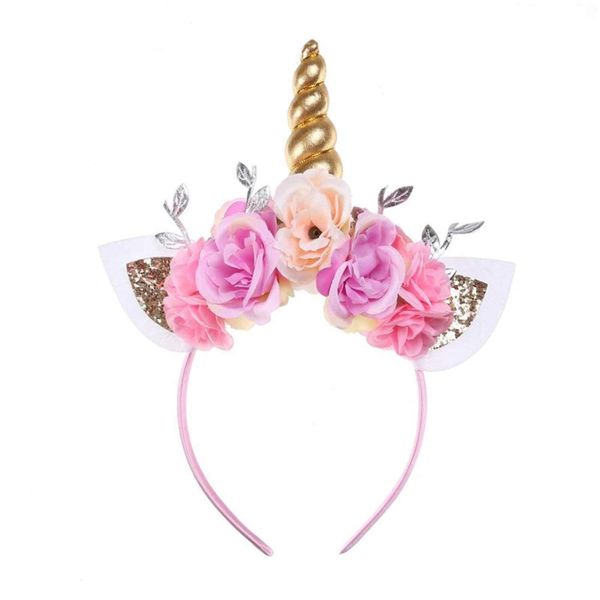 Farochy Kids Girls Unicorn Headband Gold Horn Ears Flower Headband Glitter Horn Headband Flowers Headwear Accessory