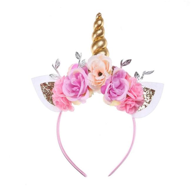 Farochy Kids Girls Unicorn Headband Gold Horn Ears Flower Headband Glitter Horn Headband Flowers Headwear Accessory