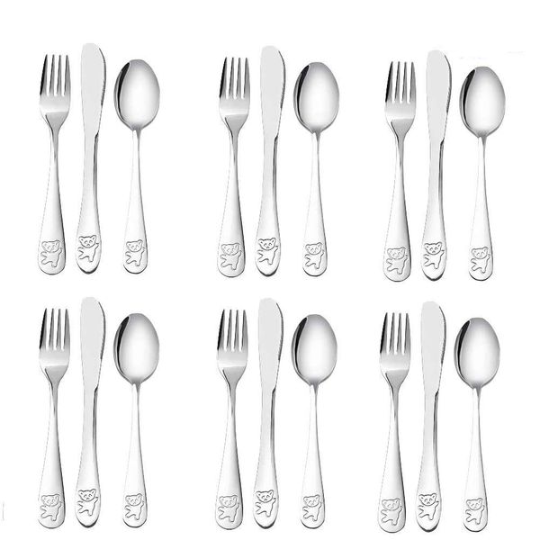 pengxiaomei 18 Pcs Stainless Steel Kids’ Cutlery Set, Child and Toddler Safe Flatware/Utensils 6 x Forks, 6 x Safe dinnerknives, 6 x Dinner Spoons - Bear Engraved