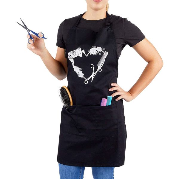 Okuna Outpost Salon Apron for Women Hair Stylist with Adjustable Bib 3 Pockets (Black, 24 x 30 inches)