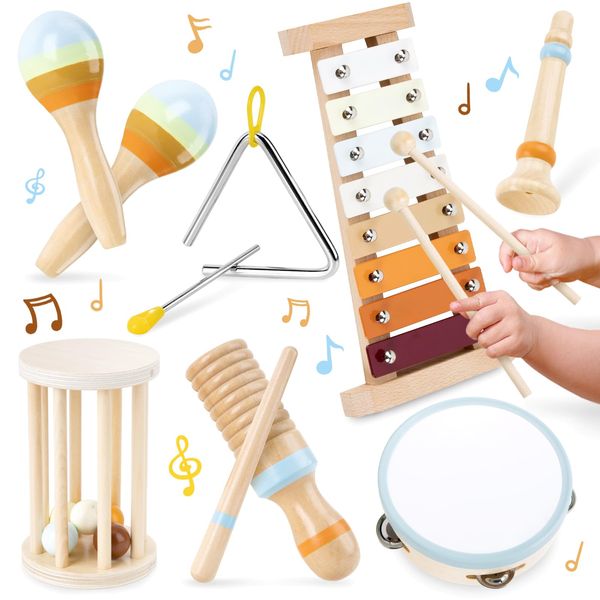 Funsland Musical Instruments for Toddlers 1-3 - 7 in 1 Montessori Wooden Percussion Music Toys Set for Kids and Babies