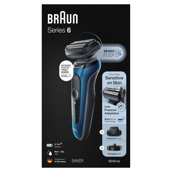 Braun Series 6 6040cs Electric Shaver with Charging Stand, Precision Trimmer, Wet & Dry, Rechargeable, Cordless Foil Shaver, Blue