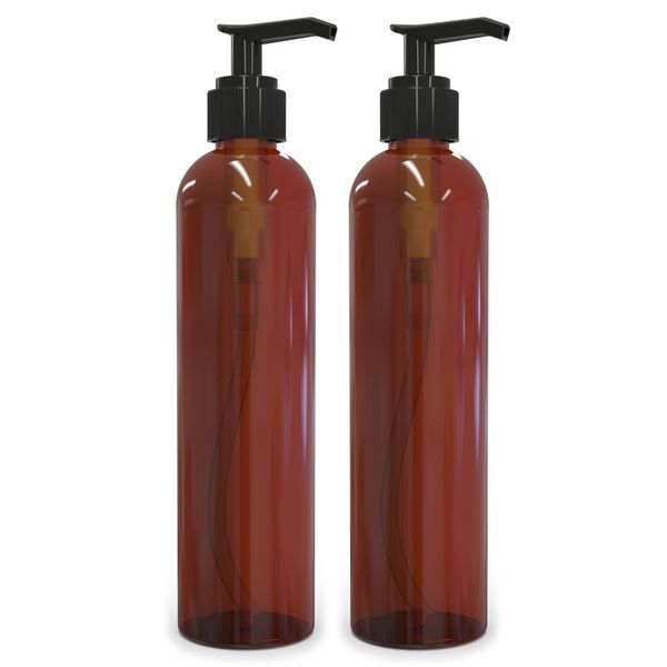 BRIGHTFROM Lotion Pump Bottles, Empty 8 OZ, BPA-Free Refillable Plastic Containers, Amber with Black Dispenser for - Soap, Shampoo, Lotions, Liquid Body Soap, Creams and Massage Oil (2 Pack)