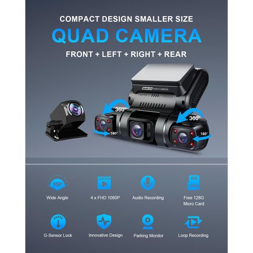 PRUVEEO 360 Degree View 4 Channel Dash Cam Front and Rear Inside Left Right, Dash Camera for Cars, Built-in GPS WiFi Night Vision, 24/7 Recording Parking Mode Monitor, Free 128G Card