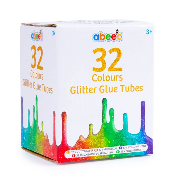 abeec Glitter Glue Pens – 32 x Tubes of 10ml Coloured Glitter Pens – 32 Glitter Glue for Kids for Craft Supplies Set – Craft Glitter Glues - Card Making Supplies - Arts and Crafts for Kids