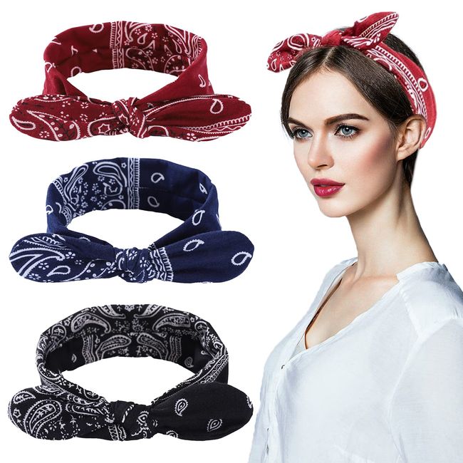 TSHAOUN 3 Stück Boho Haarband Damen,Paisley Stirnbänder Boho Bogen Bandana Elastische Stirnband Damen Sommer Breite Haarbänder Kopfband Mit Geknotetes Für Mädchen Alltag Makeup, Yoga