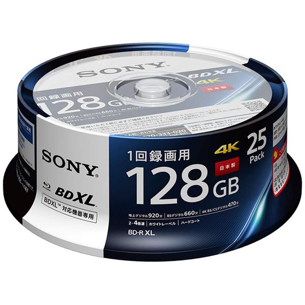 Sony 25BNR4VAPP4 Blu-ray Disc, BD-R XL, 128 GB (Approx. 15 Hours Per Sheet), For Single Recording, 25 Sheets Included, Supports 4X Speed Dubbing, No Case