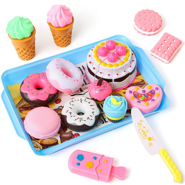 LOVESTOWN Pretend Desserts Food Toy, 15 PCS Play Food Desserts Set for Kids Kitchen, Play Dounts for Toddlers,Toy Food Ice Cream Cupcake Baking Plastic Play Food for Girls Boys Birthday Gift