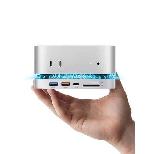 MOVE SPEED Mac mini M4 Dock Enclosure, 10 in 1 Aluminum Stand Hub, 10Gbps USB-C/A, 4K60Hz HDMI, SD/TF Reader, Space-Saving Vertical Design