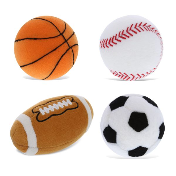 DolliBu Sports Balls Plush - Fluffy Soft Plush Balls for Playing Catch with Kids, Playtime Squishy Plush Balls Toys for Girls and Boys, Stuffed Ball Room Décor - 4 Pc Set