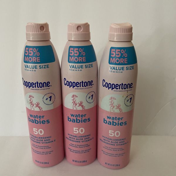 (3) Coppertone Water Babies Sunscreen Lotion Spray SPF 50 9.5oz Value Size 01/25