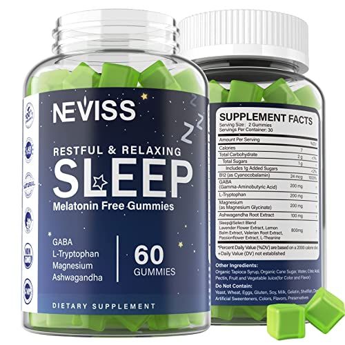 NEVISS Melatonin Free Sleep Aid Gummies for Adults - GABA, L-Tryptophan, Magnesium, Ashwagandha - Non-Habit Forming, Help for Deep Relaxation - Vegan, Meyer Lemon Flavor, 1Pack