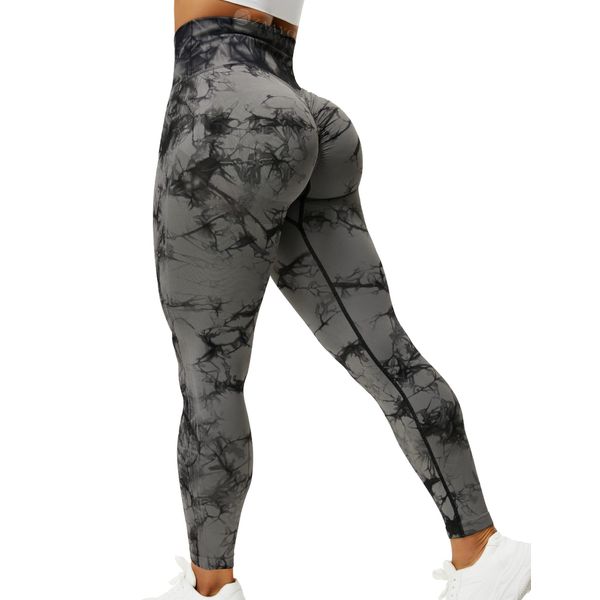 ZAAYO Sport Leggings für Damen Tie Dye Scrunch Butt Fit Seamless Yoga Pants Fitness Gym Workout Schwarzgrau L