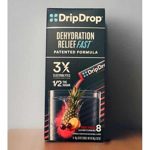 DripDrop Dehydration Relief Fast 3X Electrolytes Fruit Punch 1/2 The Sugar 8ct