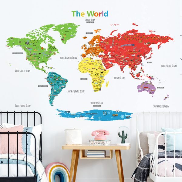 DECOWALL DL3-1902 Extra Large Landmark World Map Wall Sticker (64x35 inches) Decor Kindergarten Nursery Kids Room DIY Wall Decal Wall Art Sticker Boys Girls 23rd Children Bathroom Decoration Vinyl for