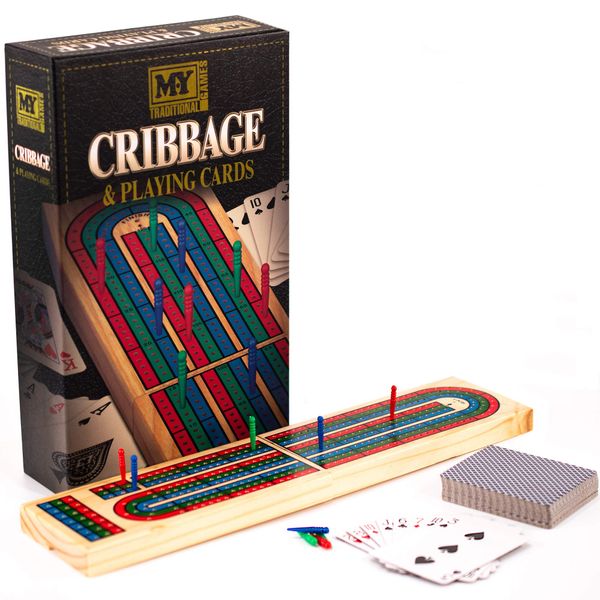 M.Y Deluxe Solid Wood Cribbage Board & Playing Cards Traditional Card Game