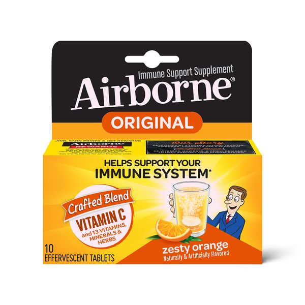 Airborne 1000mg Vitamin C with Zinc Effervescent Tablets, Immune Support Supplement with Powerful Antioxidants Vitamins A C & E - 10 Fizzy Drink Tablets, Zesty Orange Flavor