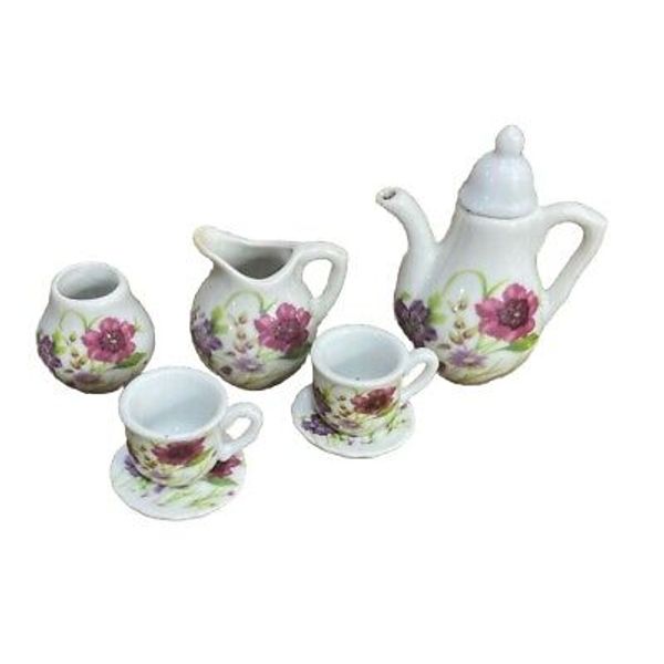 Miniature Porcelain Tea Set With Tray Purple Flower Royal Norfolk Dollhouse *U