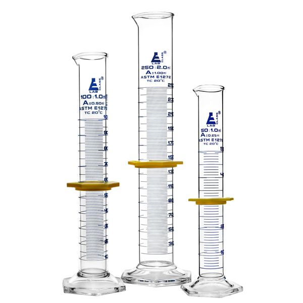 EISCO Premium Graduated Cylinder Set - 50mL, 100mL & 250mL - ASTM, Class A - Protective Collars, Hexagonal Base - Blue Graduations - Borosilicate 3.3 Glass