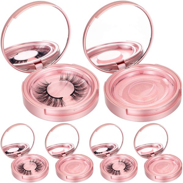 Maitys 6 Pieces Eyelash Packaging Circle Box with Mirror, Eyelash Storage Box Empty Eyelash Box with Lash Holder Eyelash Organizer Container for Travel Storage Women Girls (Rose Gold)