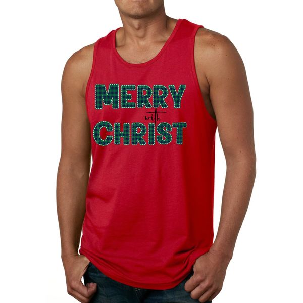 Mens Fitness Tank Top Graphic T-shirt Merry with Christ, Green Plaid - Red / L