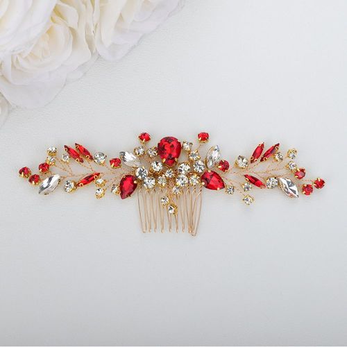 Teyglen Bride Crystal Wedding Hair Comb Red Rhinestone Bridal Side Comb Wedding Hair Accessories Teardrop Crystal Hair Piece Rhinestone Headpiece for Women Bride Girls (Red)