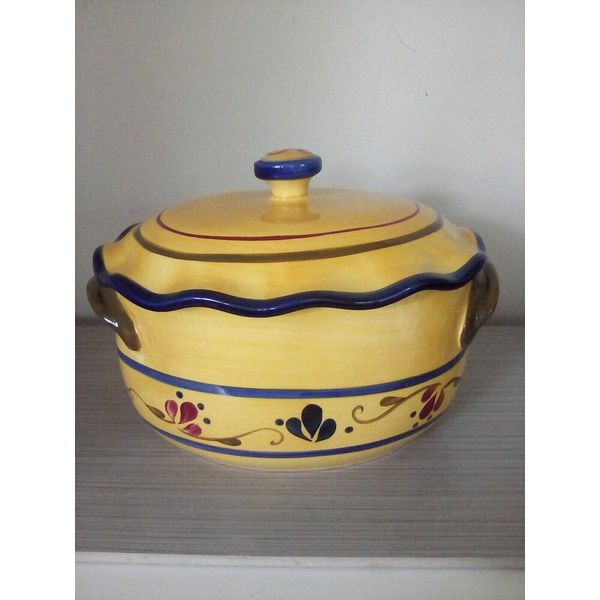 Home & Garden Party Oval Covered Stoneware Baking Dish Yellow Blue Floral 9x7x5