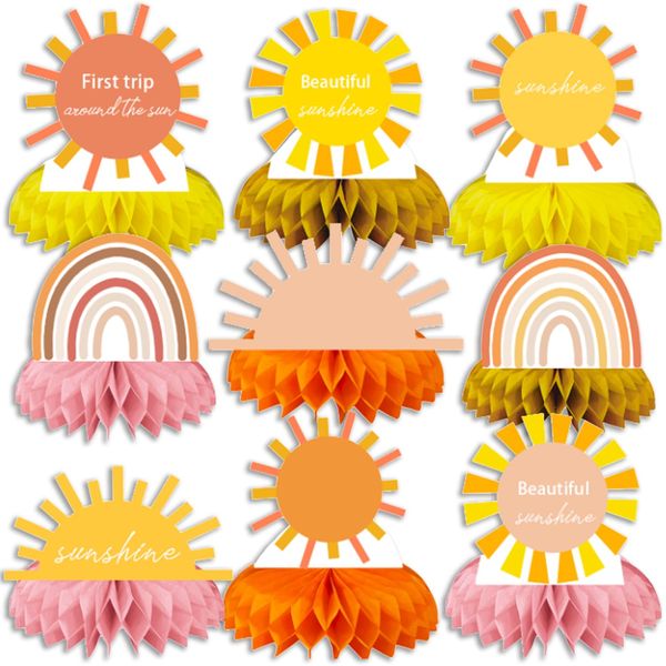 9PCS Groovy Hippie Boho Birthday Party supplies set Honeycomb Centerpieces Double Sided Table Topper for Boho Rainbow Birthday Party Decorations (Boho)