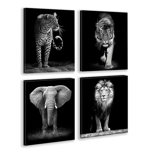 Black and White Wildlife Canvas Wall Art, 4 Set Framed African Safari Animals Posters, 8x10 Inch Leopard Tiger Elephant Lion Prints
