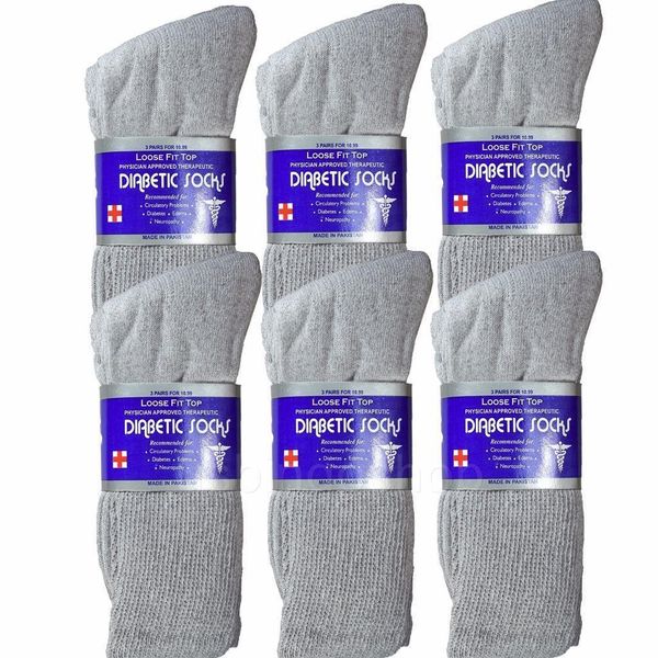 6 Pairs New Gray Men Loose Fit Top Circulatory Diabetic Crew Socks Cotton 10-13