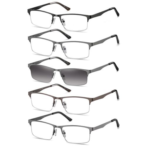 EYECEDAR 5-Pack Reading Glasses for Men Rectangular Metal Half-Frame Spring Hinges with Sun Readers Glasses Mens Readers 1.5