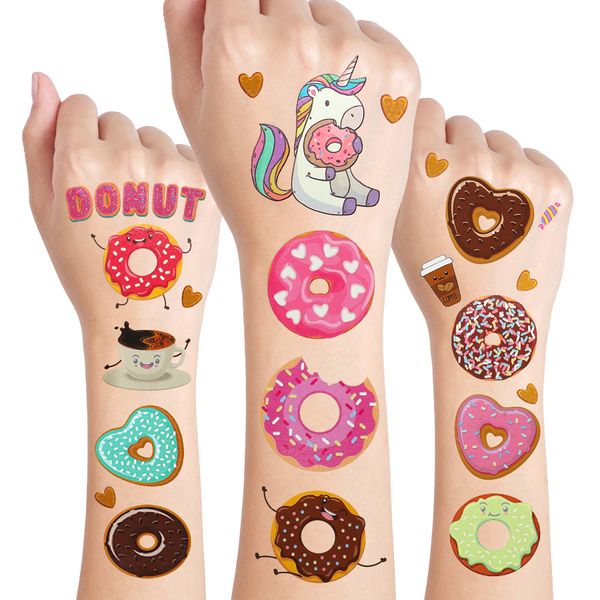 24 Sheets Donut Temporary Tattoos, Birthday Decorations Donut Party Favors for Kids