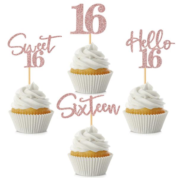 48Pcs 16th Birthday Cupcake Toppers Glitter Sweet 16 Hello 16 Cake Topper Sixteen Years Old Cupcake Picks for Boy Girl Happy 16th Birthday Party Cake Decorations Supplies Rose Gold