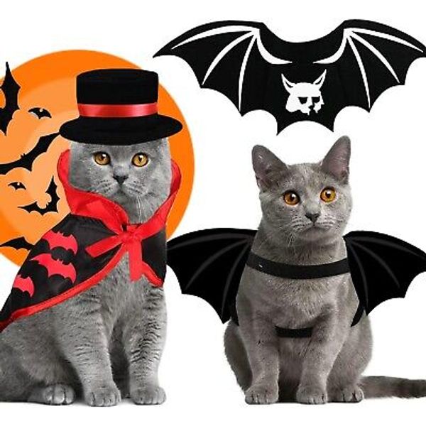 Cat Costumes Outfit Cat Bat Wings Wizard Witch Hat Cape 3 PCS Halloween Pet