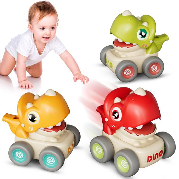 MOONTOY Press and Go Cars for Toddlers 1-3, 3PCS Dinosaur Car Toys No Batteries Required, Car Toys for 1 Year Old Boys Great Birthday Gifts, Baby Cars for Baby Boys 12-18 Months