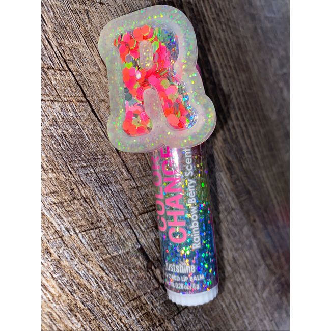 Justice initial R glitter shaker color changing lip balm