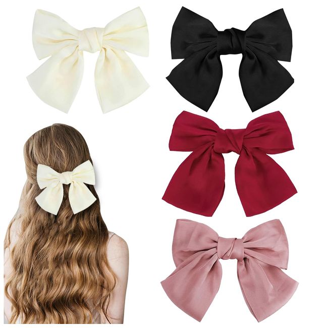 Bow Hair Clip,MUNSKT 4PCS Hair Bows for Women Big Bowknot Hairpin French Hair Clips with Ribbon Solid Color Hair Barrette Clips Soft Satin Silky Hair Bows for Women Girls