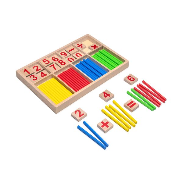 Natureich Montessori maths wooden toys, wooden storage box for learning numbers, arithmetic, motor skills with colourful arithmetic rods, arithmetic tasks in an arithmetic box