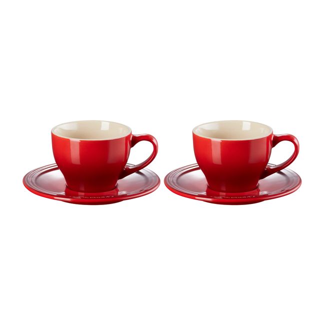 Le Creuset Stoneware Set of 2 Cappuccino Cups and Saucers , 7 oz. each, Cerise